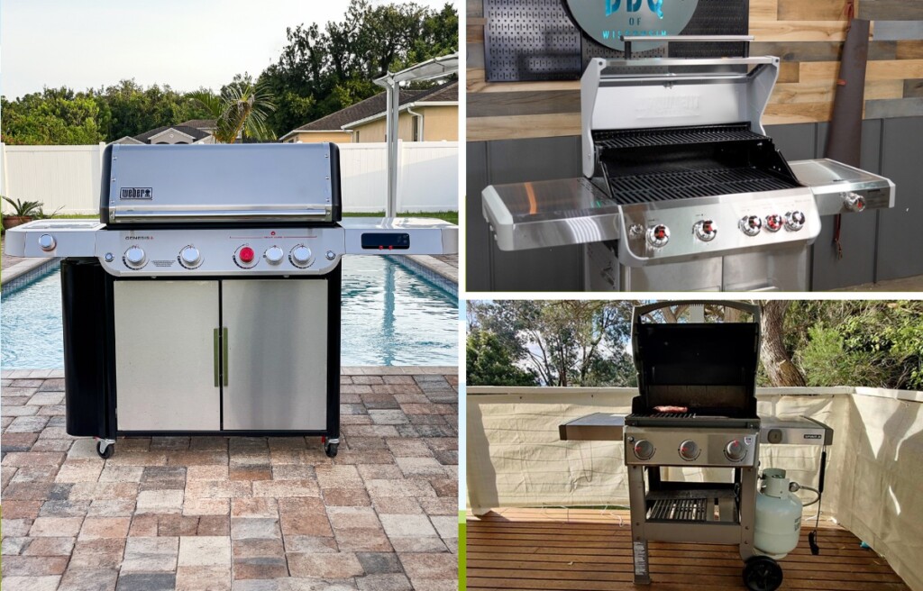 collage of gas grills with weber genesis on left, monument grills mesa on top right and weber spirit bottom right