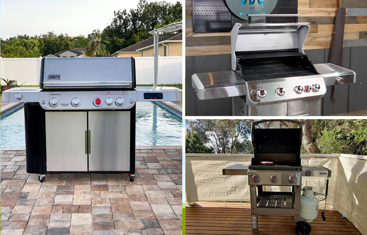 collage of gas grills with weber genesis on left, monument grills mesa on top right and weber spirit bottom right