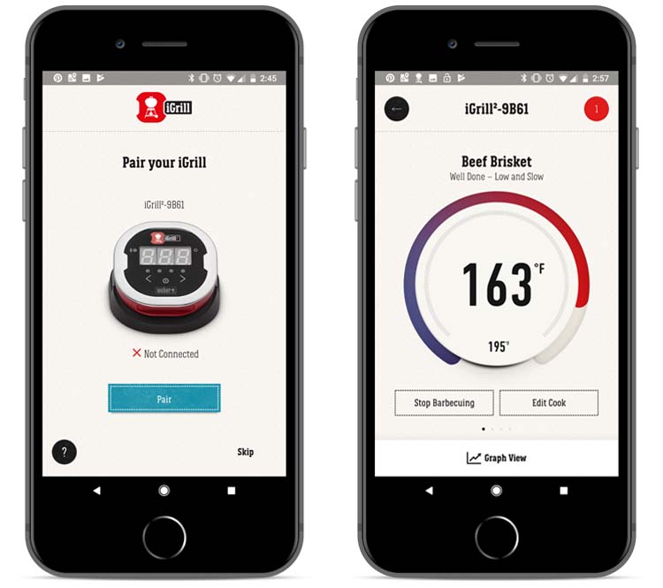 Side by side screenshots showing iGrill 2 app interface for pairing and cooking a brisket.