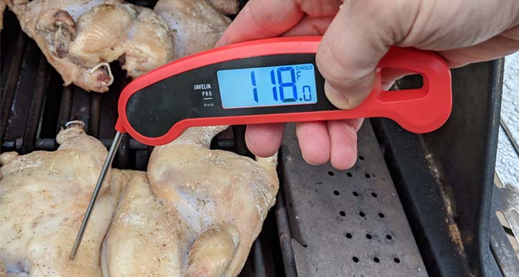 Lavatools Javelin Pro Duo taking temperature of chicken on grill