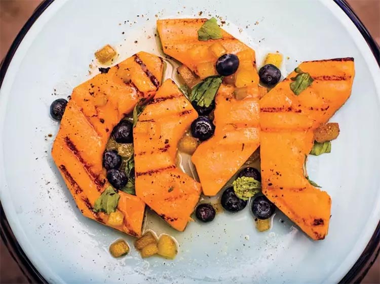 Grilled cantaloupe with peach agrodolce