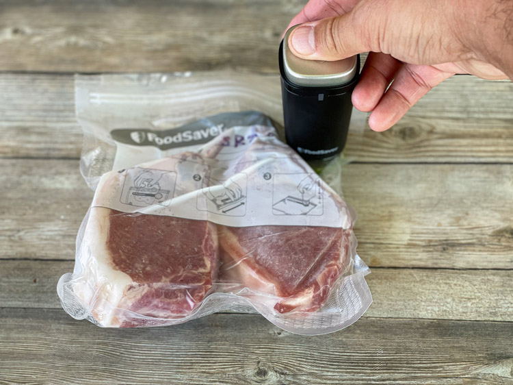 foodsaver hand held vacuum sealer sealing two steaks