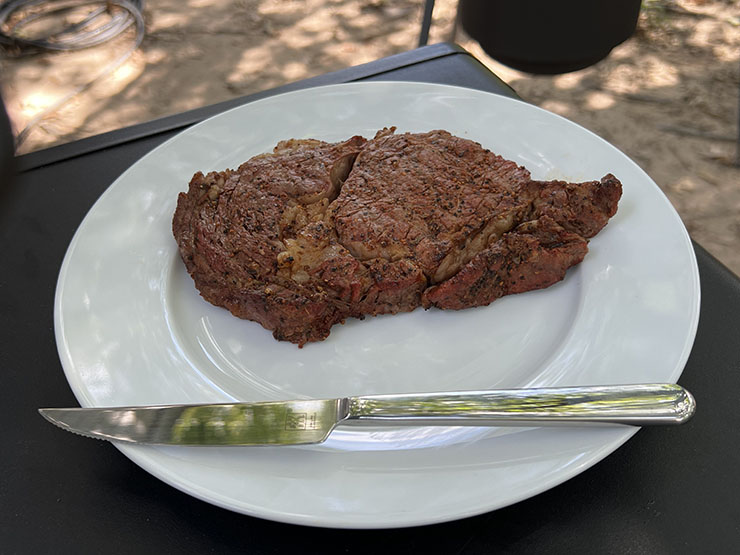 ZWILLING steak knife on a white table with a piece of steak