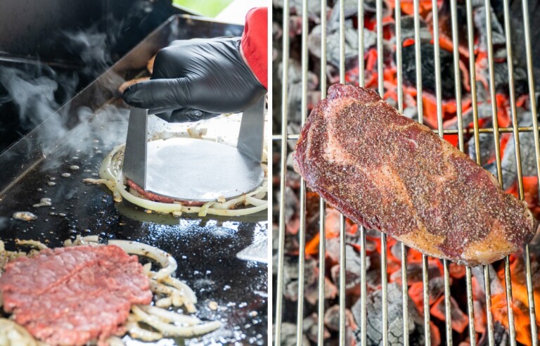 cooking smash burgers on a griddle (left), searing steak over charcoal grill (right).