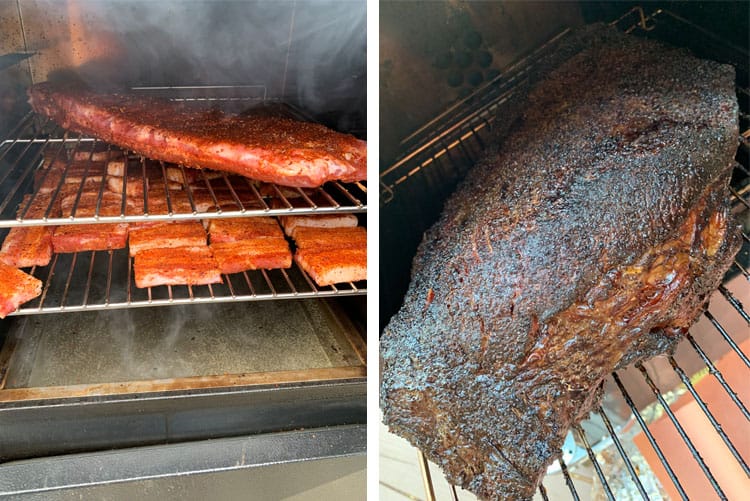 meat on a smoker rack collage