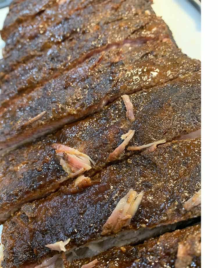 Smoked pork ribs close up