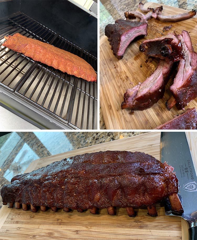Cooking ribs on a grill collage