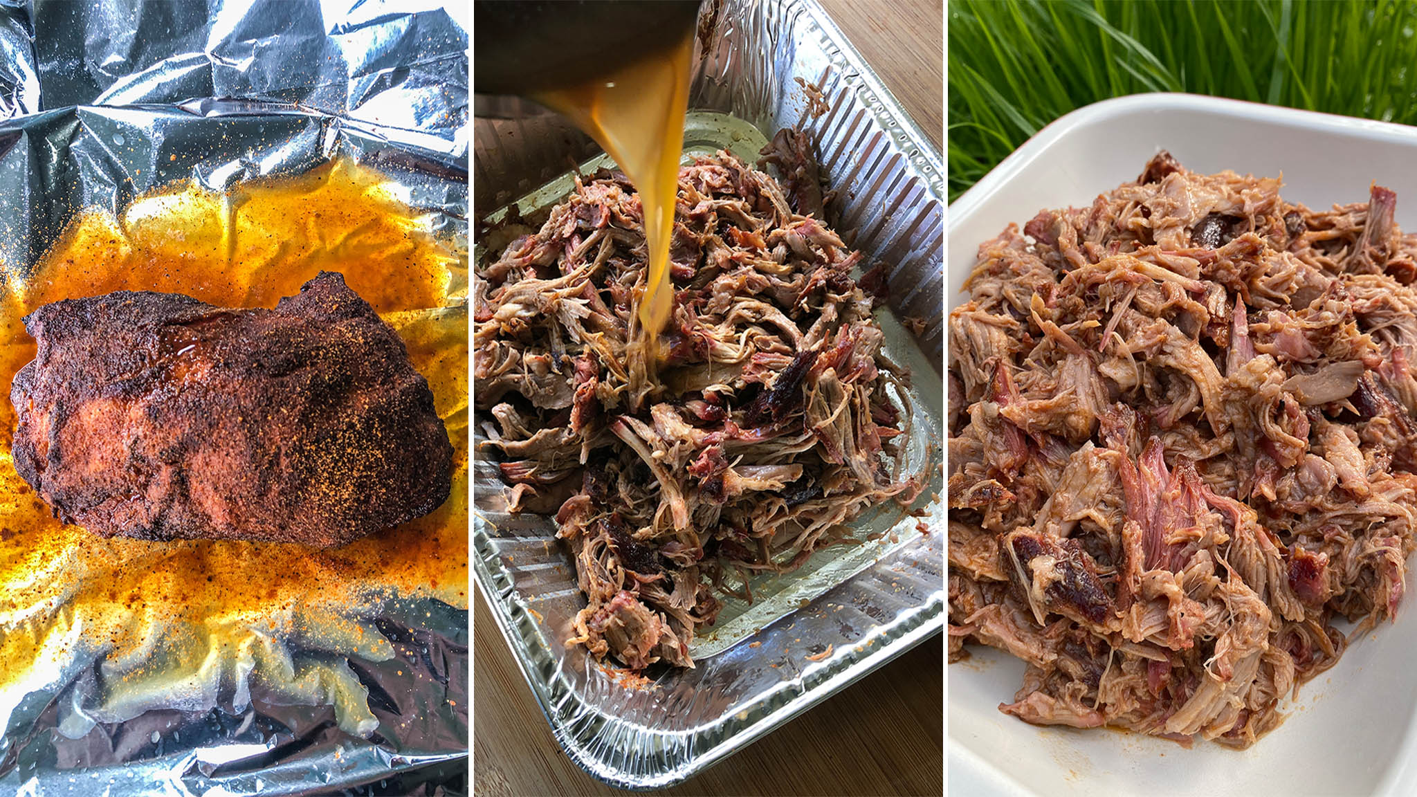 Different stages of pulled pork being smoked