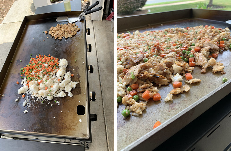 Rice, vegetables and meat cooking on a griddle