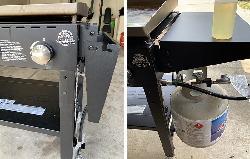 Griddle side table in an unfolded and folded states