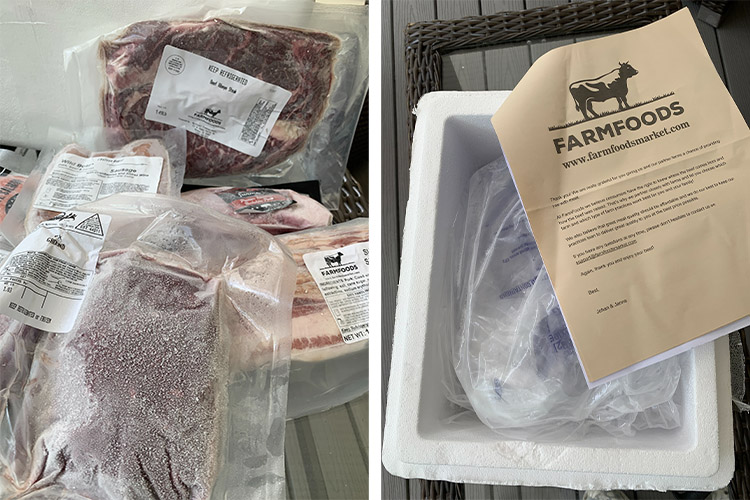 packaged uncooked meat cuts and styrofoam cooler