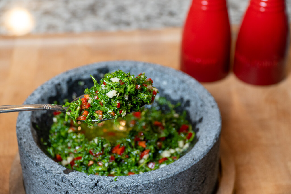 chimichurri mix in a grey bowl
