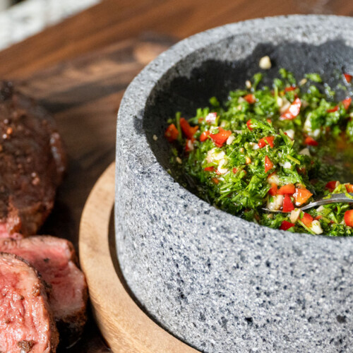 chimichurri in a grey bowl