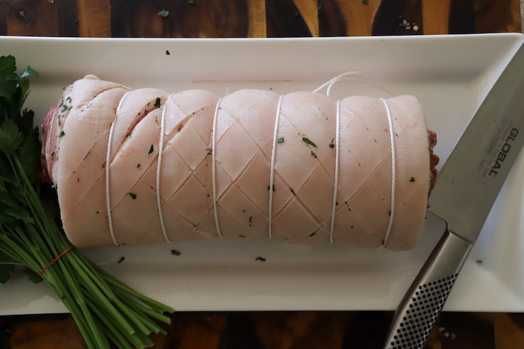 rolled pork belly tied with butcher's string