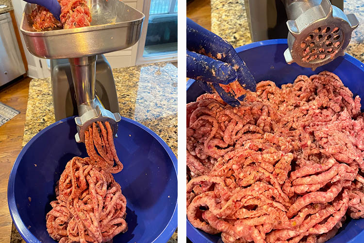 meat grinder and ground pork butt in a bowl