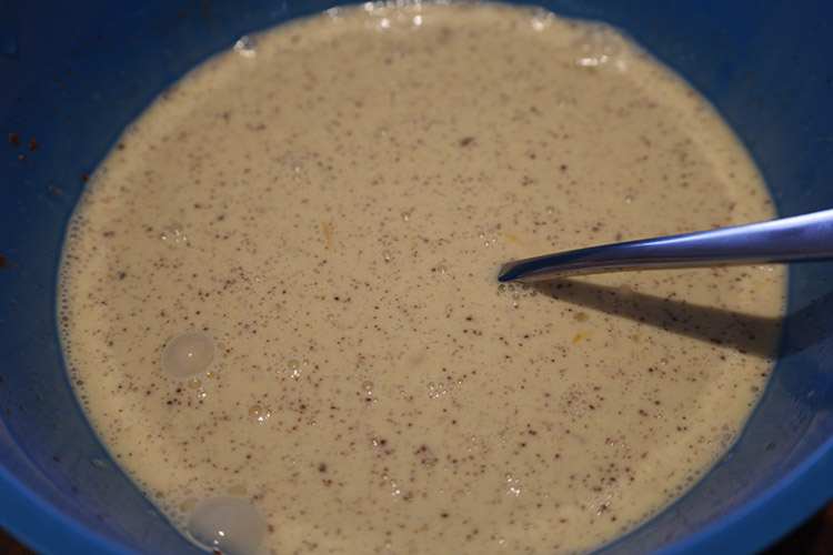 cream, eggs and spices mixture for the smoked bread pudding
