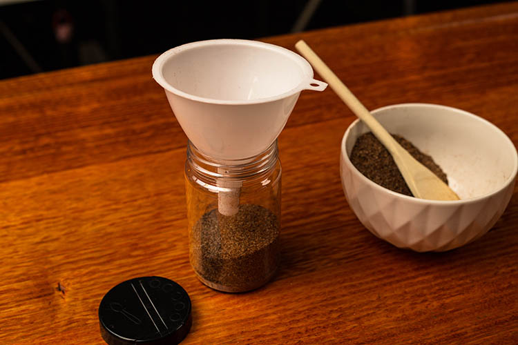 coffee rub in a glass rub shaker