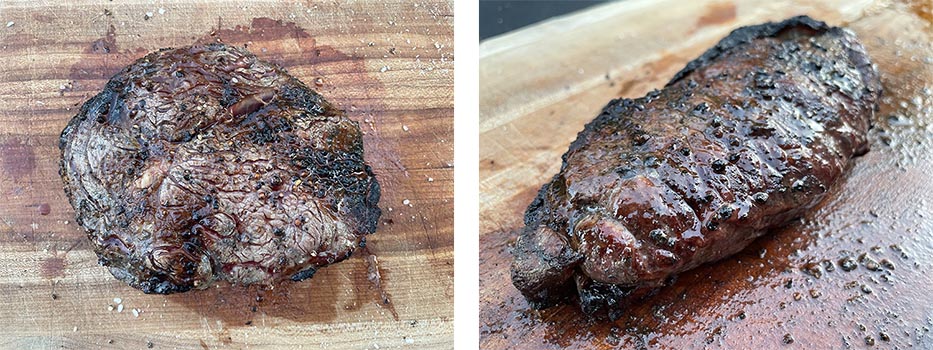 cooked caveman style ribeye steak and NY strip steak on wooden board