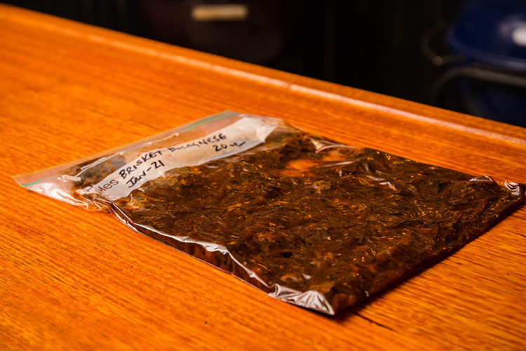 leftover brisket bolognese in a zip lock bag