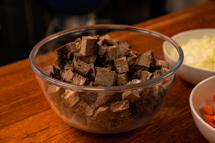 diced leftover brisket in a glass bowl
