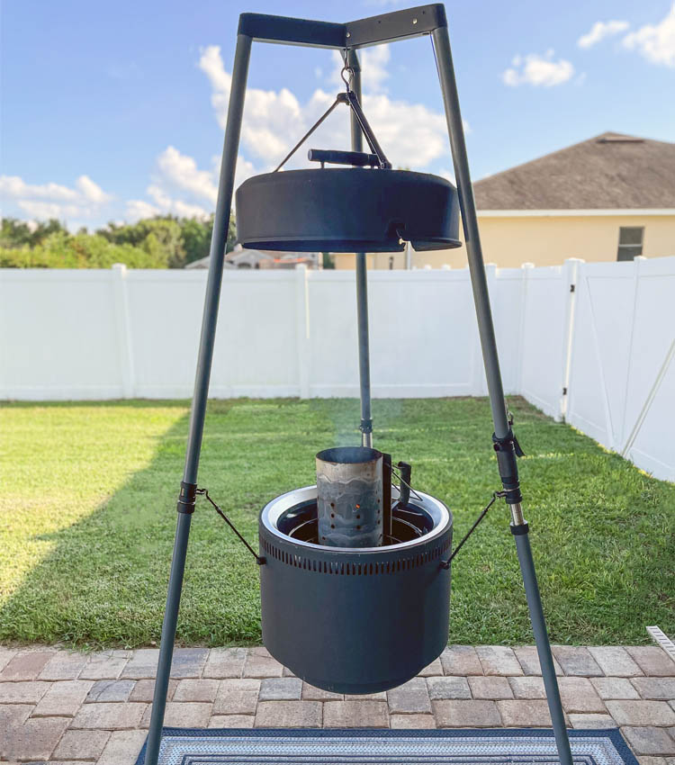 burch barrel smoker with lid off and chimney starter inside
