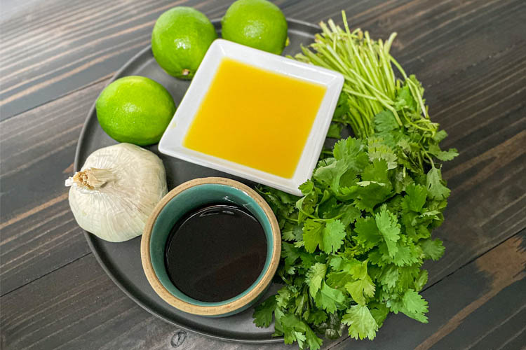 garlic, lime, soy, orange juice and cilantro on a glass plate