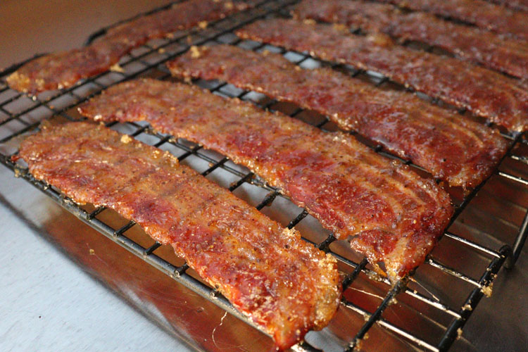 cooked bacon on a wire rack