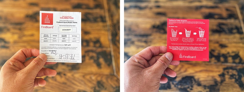 FireBoard Spark calibration certificate and instructions