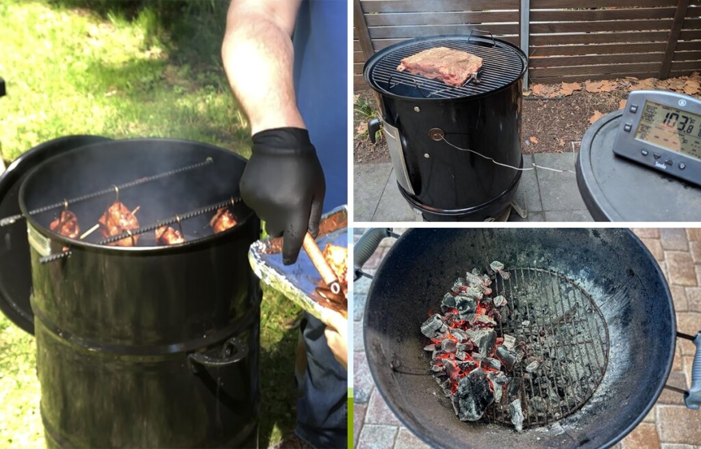 different charcoal smokers being tested, ris hanging, and a brisket smoking on weber smokey mountain.