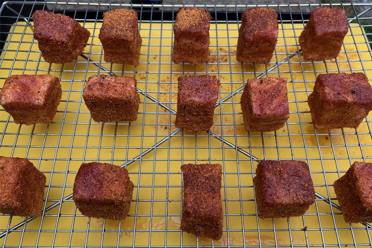 pork cubes, seasoned on wire rack
