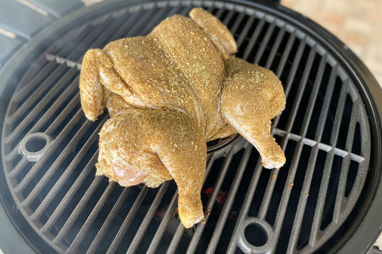 raw seasoned chicken on the grill