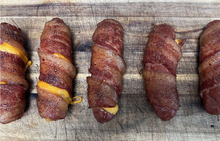 Bacon Wrapped Cheese Stuffed Brats