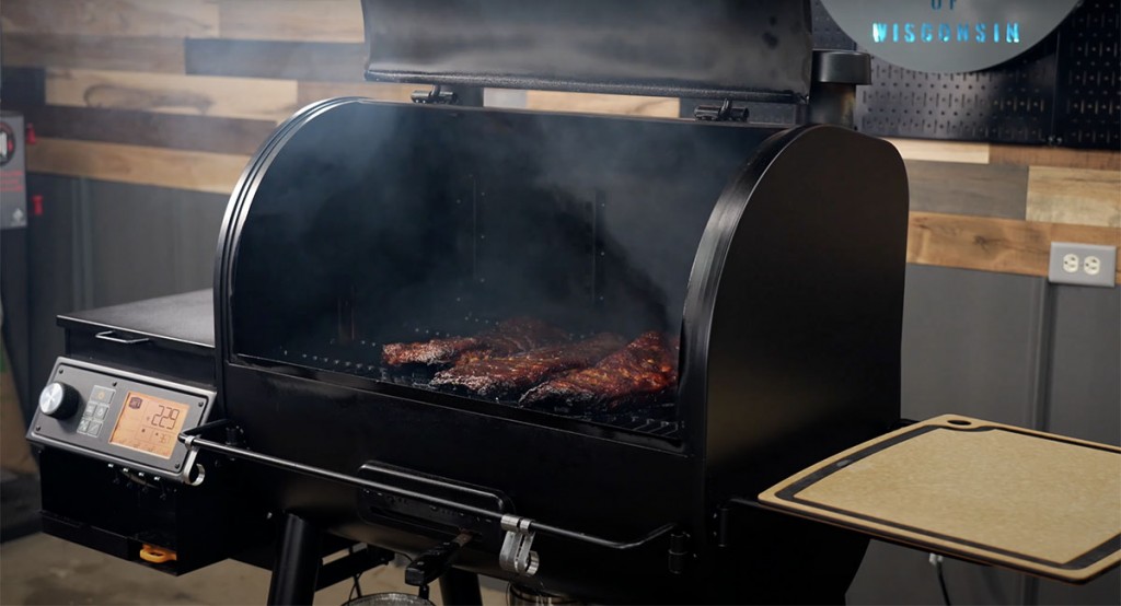 pork ribs smoking on the Oklahoma Joe's Rider DLX 1200 pellet grill