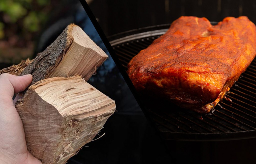a man holding apple wood chunks; pork spare ribs on a smoker