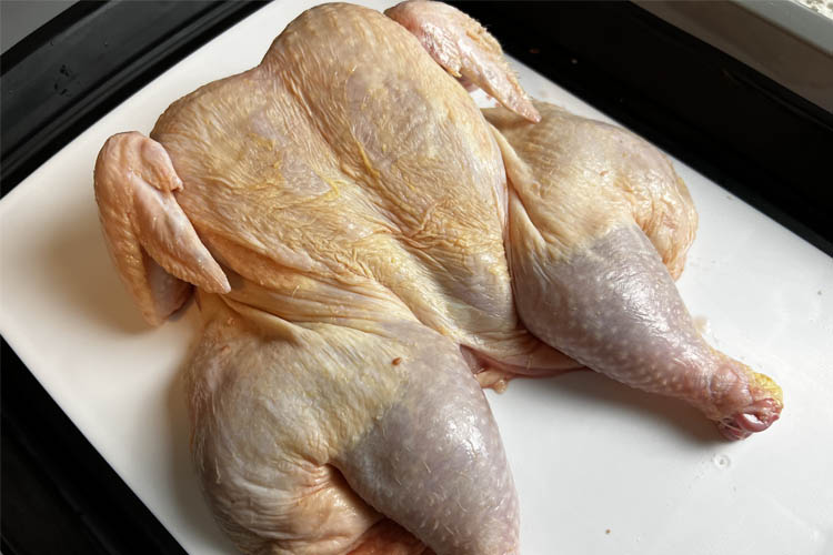raw spatchcock chicken on a white plate