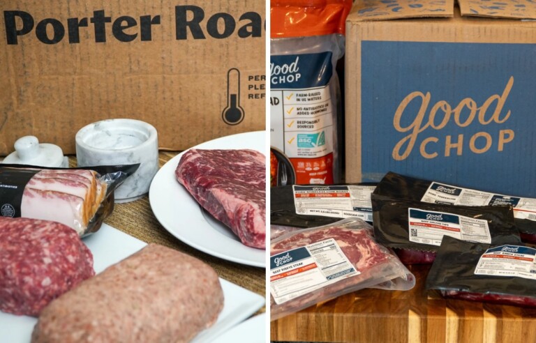 porter road meat subscription box on left, good chop box and assorted meat on right