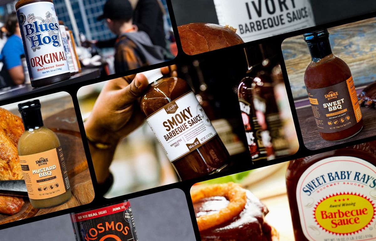 Collage of different barbecue sauce bottles