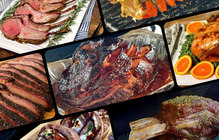 Collage of non-turkey thanksgiving main ideas includign smoked ham, lamb rack and prime rib