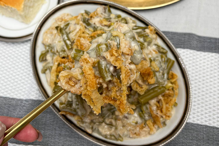 green bean casserole on a spoon