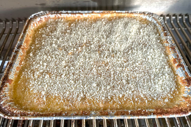 foil tin of mac and cheese with pank crumbs
