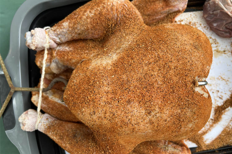 a seasoned trussed turkey