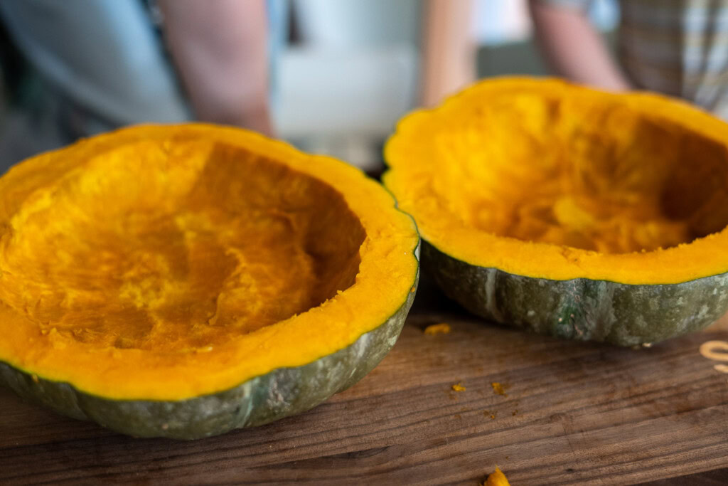 raw pumpkin halves with no seeds in them