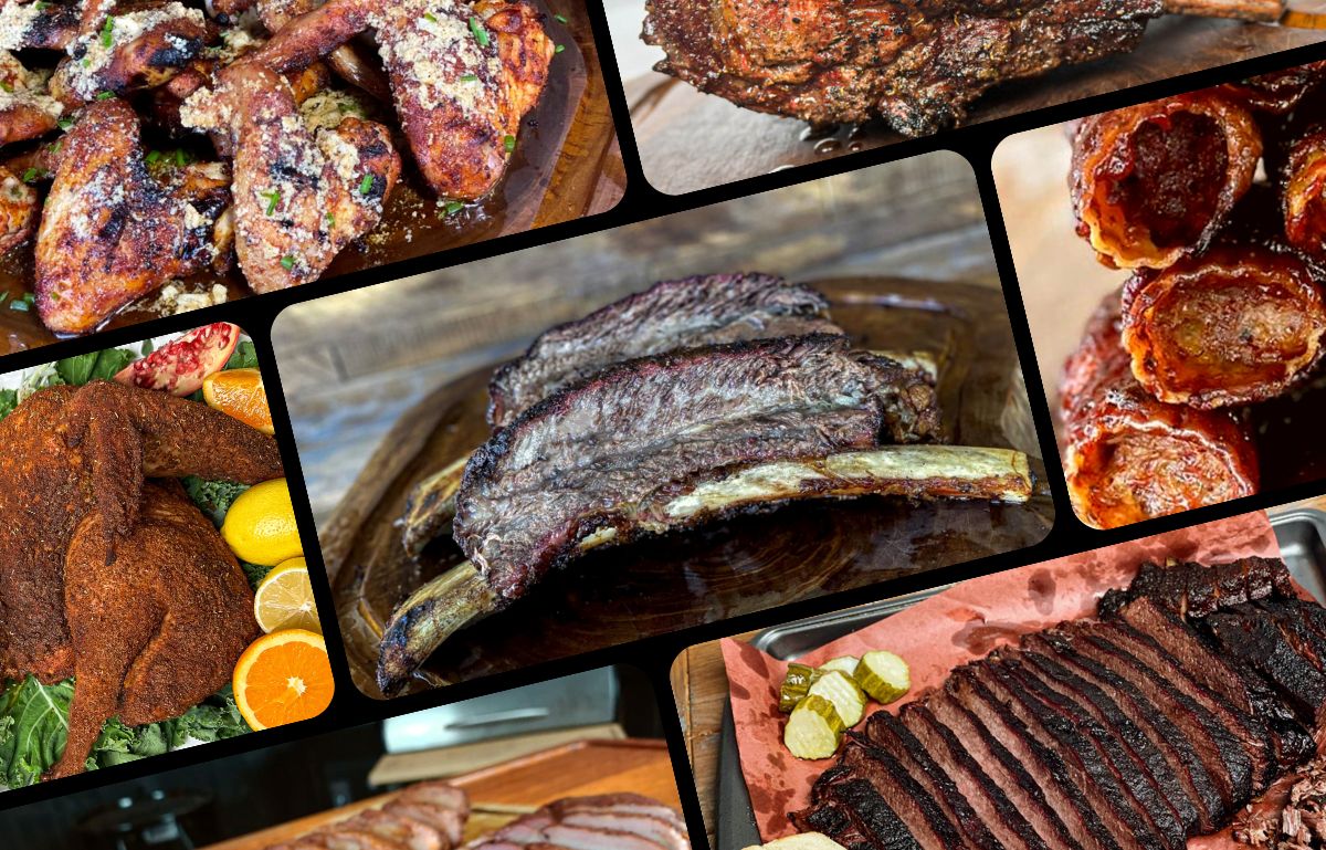 Collage of pellet grill recipes including smoked beef ribs, brisket, chicke wings and turkey