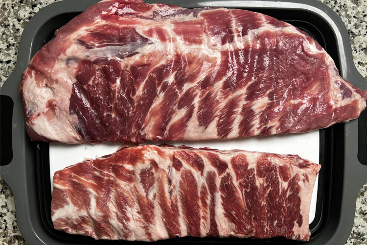 before and after shot of st louis cut pork ribs