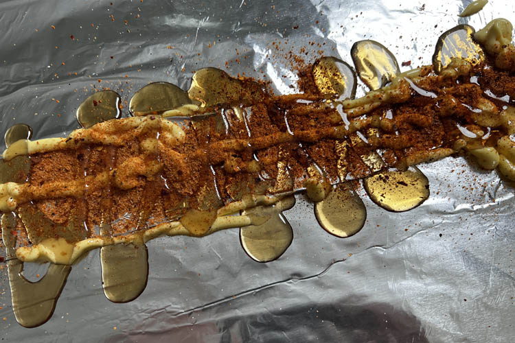 margarine, maple syrup and rub on tinfoil