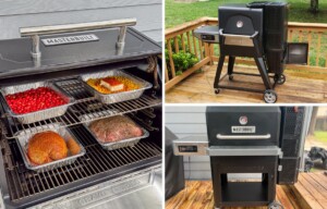 collage of gravity fed grills with Masterbuilt XT loaded with food, Masterbuilt 1050 and Masterbuilt 560