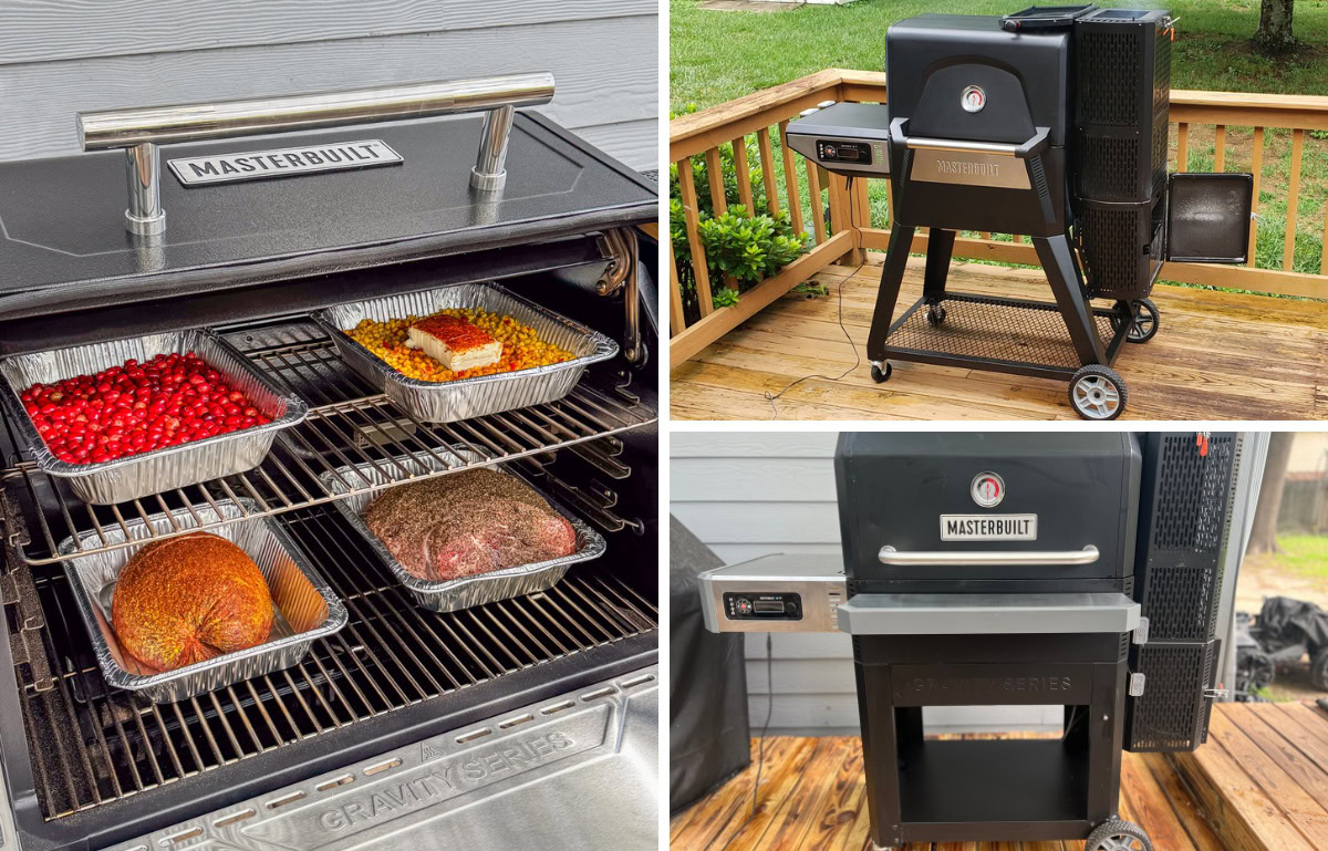 collage of gravity fed grills with Masterbuilt XT loaded with food, Masterbuilt 1050 and Masterbuilt 560