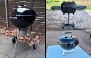 lineup of best charcoal grills including image of weber kettle, and pk360