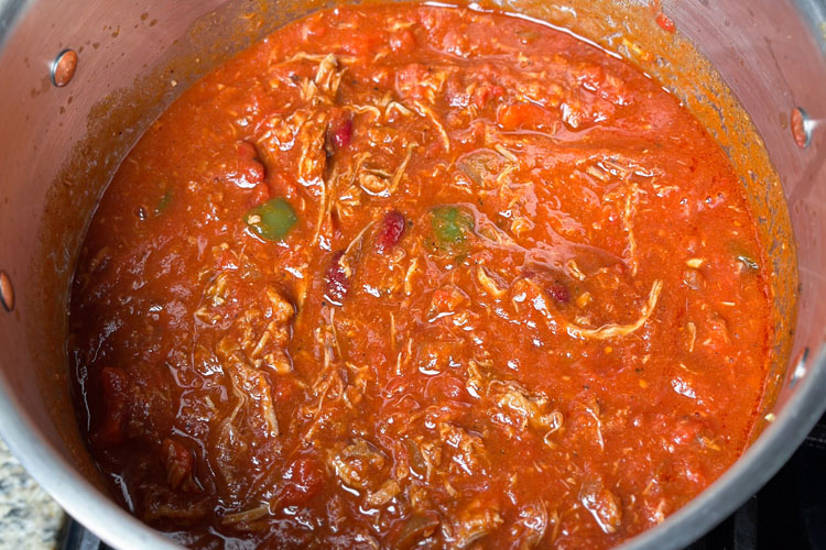 leftover pulled pork chili in a pot