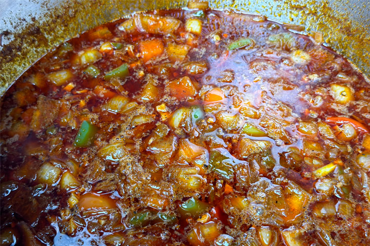 leftover pulled pork chili with beer in a pot